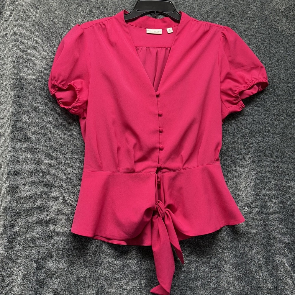 Eva Mendes Womens Size M Pink Short Sleeve Tie Knot Button Up Top (S7)